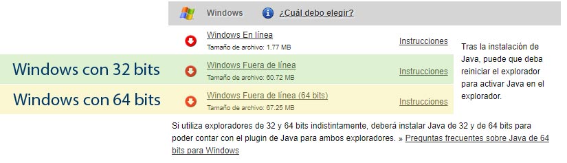 Descarga de Java 32 o 64 bits