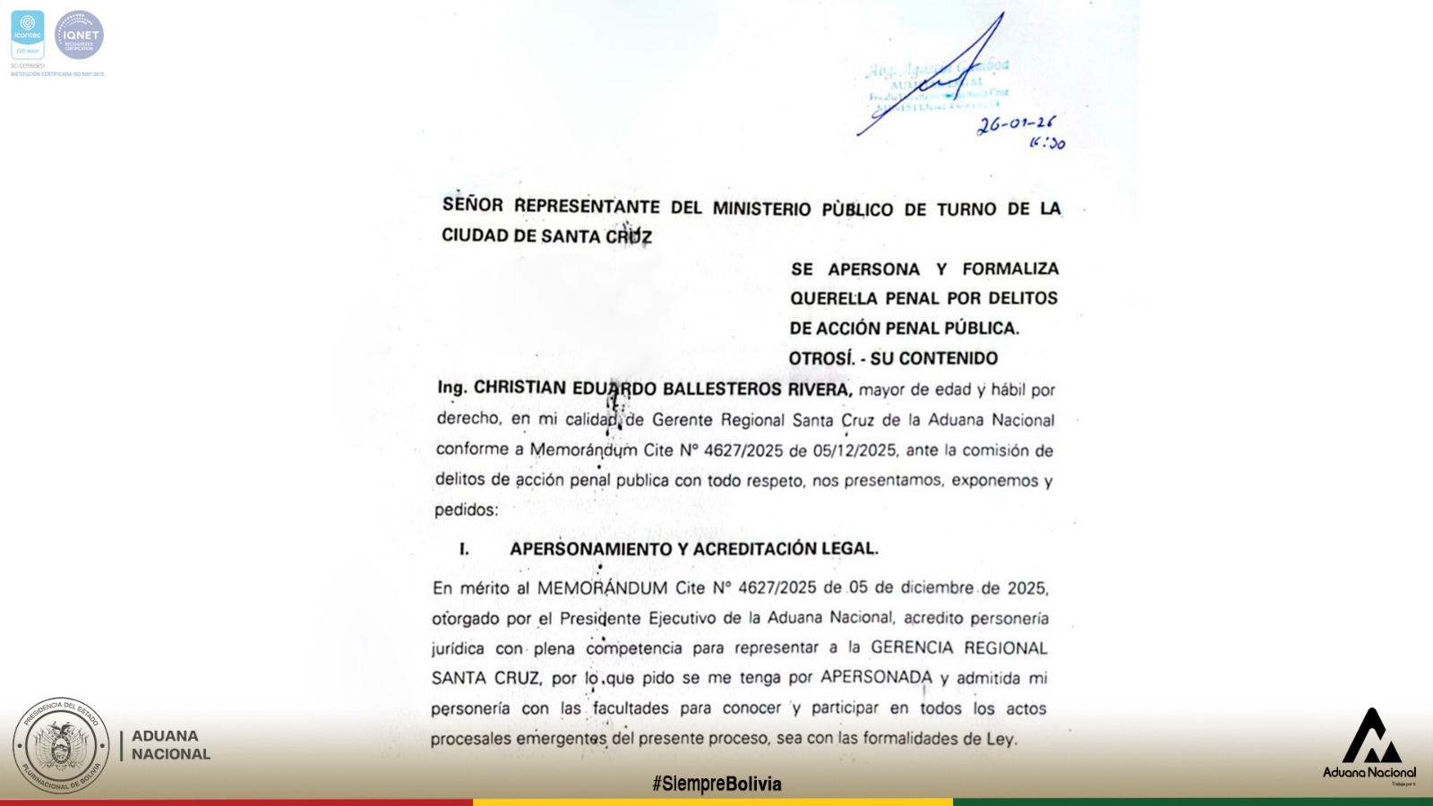 Aduana Nacional presenta querella contra funcionarios y exfuncionarios por incumplimiento de normativa