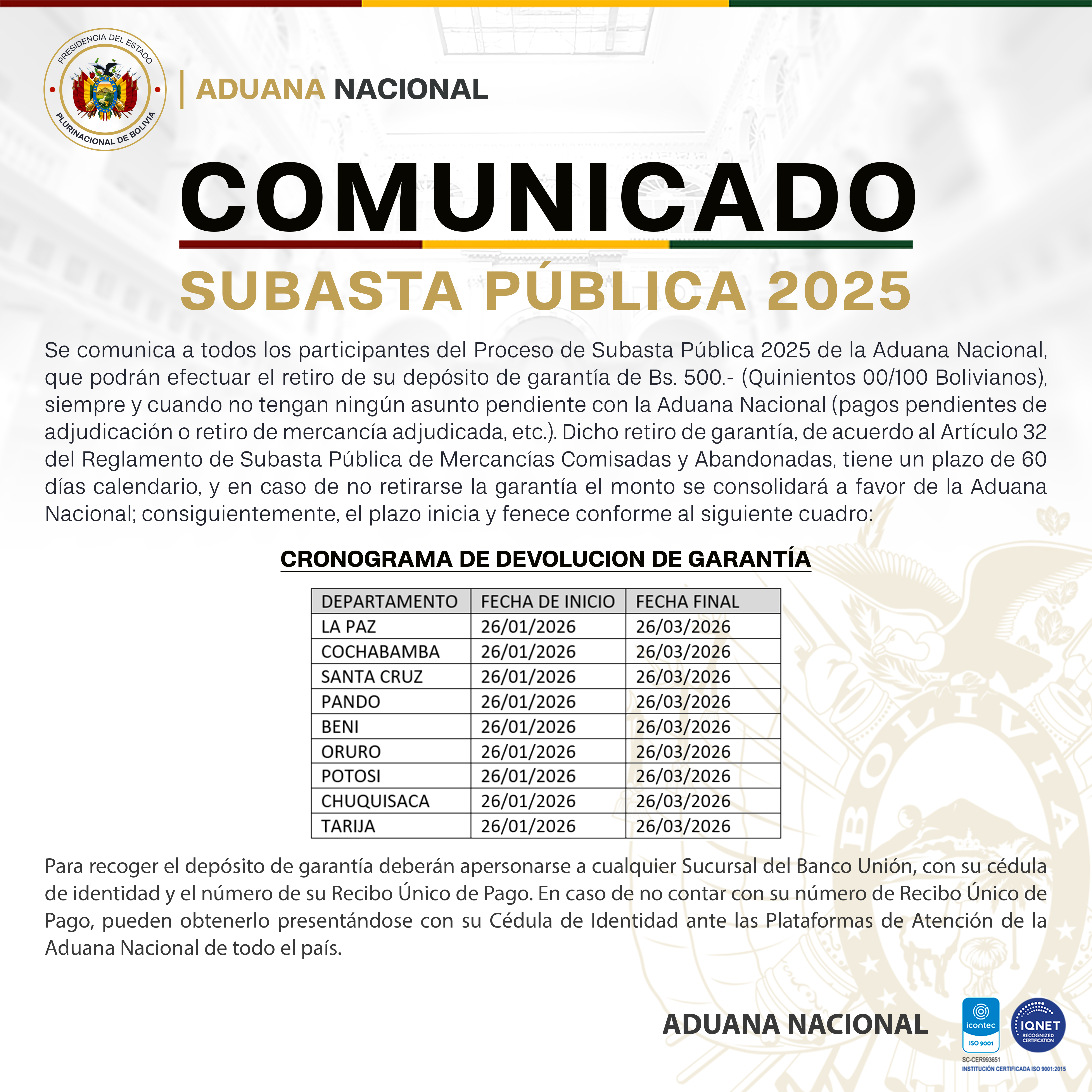 Comunicado Subastas Electrónicas